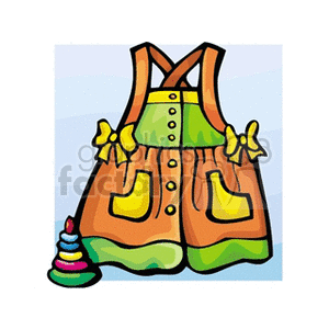 Colorful clipart image of a child's dress with pockets, buttons, and bows, alongside a toy stacking ring.