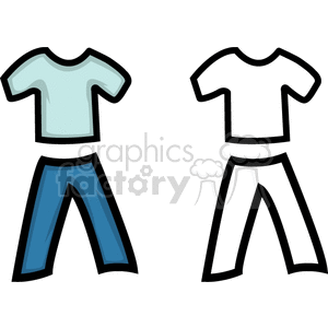 Clipart image of two sets of clothing; one colored t-shirt and pants, and one black-and-white outline of a t-shirt and pants.