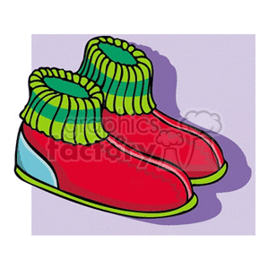 Colorful cartoon-style illustration of cozy red slippers with green and blue accents.