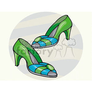 Illustration of stylish green and blue high-heeled shoes.