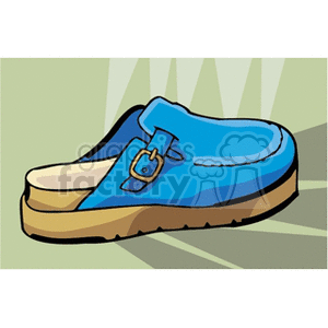 Illustration of a blue slip-on sandal with a buckle, featuring a tan sole and stylish design.