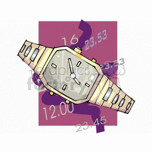 An illustration of a wristwatch with a rectangular face and a metallic band, set against a background with various numerical times displayed.