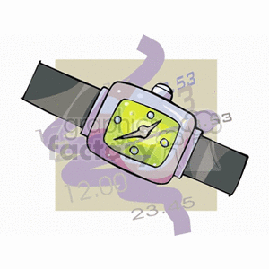 A clipart image of a wristwatch with a black strap and a green watch face, set against a background featuring multiple times in a scattered manner.