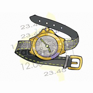 Clipart image of a wristwatch with a yellow frame and black strap. The watch shows a time of approximately 12:00. There are random numeric figures in the background.
