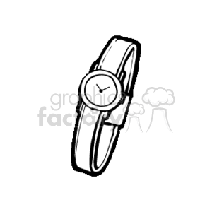 A black and white clipart image of a wristwatch with a simple round face and a classic strap.