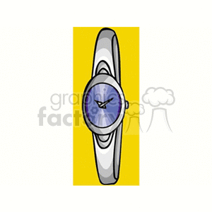 A clipart image of a wristwatch with a purple face and silver band, set against a yellow background.