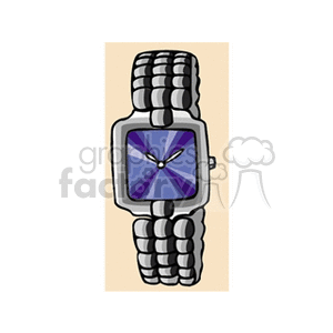 Clipart image of a wristwatch with a purple and blue dial and a metallic strap.