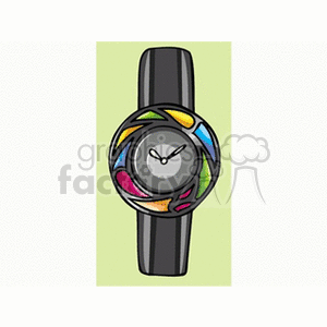 A colorful clipart image of a wristwatch with a black band and a circular, artistic dial featuring various bright colors.