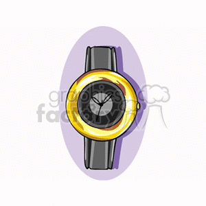 This clipart image features a wristwatch with a black strap and a gold-colored circular face, depicted against a light purple oval background.