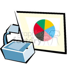 Clipart image of an overhead projector displaying a pie chart on a screen.