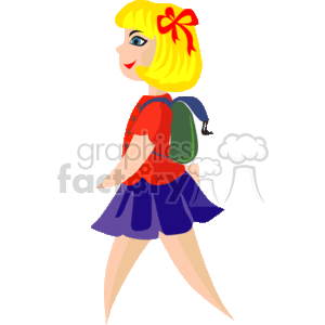 The clipart image depicts a young, blonde girl wearing a red top with an oversized red bow in her hair, a blue skirt, and a green backpack slung over one shoulder. She appears to be walking and has a happy and smiling expression, which conveys excitement or enthusiasm.