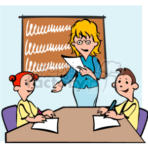   The clipart image depicts a classroom setting. There is a teacher standing at the front with a paper in her hand, possibly explaining an assignment or going over notes. Two students are sitting at a desk in front of her, each with a piece of paper, likely taking notes or working on an assignment. The teacher appears cheerful and enthusiastic, while the students seem attentive and happy. There