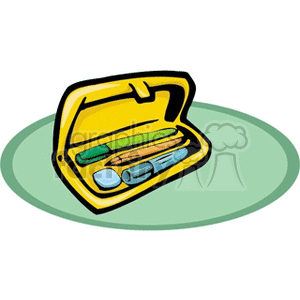 A cute clipart of an open pencil box containing pens, pencils, an eraser, and other school supplies.