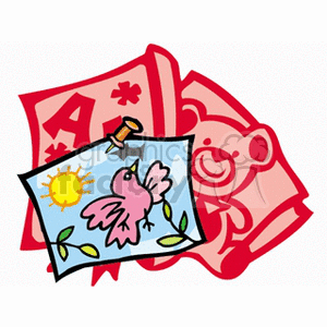 Clipart image of educational materials including a colorful drawing of a bird with a sun and leaves, attached to a stack of pages with letters and a bear illustration.