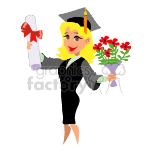A Happy Graduate holding Flowers and her Diploma Wearing a Cap and Gown
