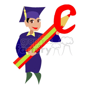 Clipart of a happy graduate in a blue cap and gown holding a large pencil with a red letter 'C'.