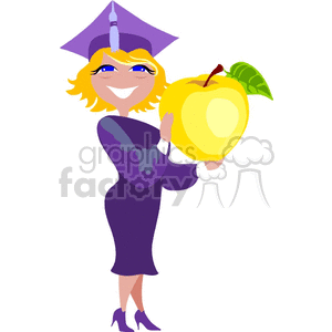 Cartoon student in a cap and gown holding an apple