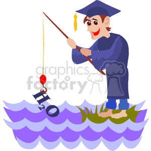 Cartoon student fishing in the water with a cap and gown