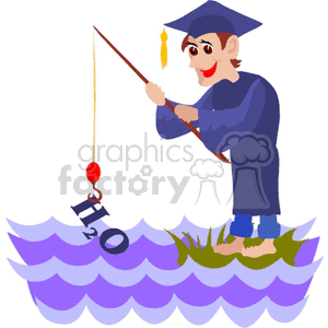 A person in a graduation cap and gown is fishing, standing on grass beside waves, and catching the chemical formula for water (H2O) on a fishing pole.