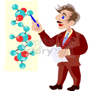 Cartoon scientist studying a double helix 