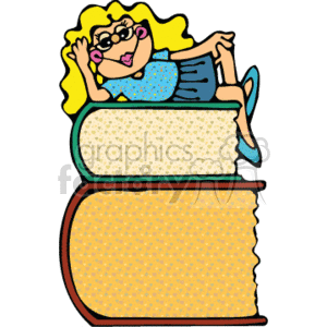 This clipart image features a young female character, portrayed in a cartoonish style, reclining on top of a large stack of books. She has blonde hair, wears glasses, and is dressed in a dotted dress with shoes, suggesting she may be a student. The design conveys a theme of reading, education, and enjoyment of literature.