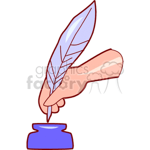 Clipart of a hand holding a quill pen and dipping it into an ink pot, symbolizing writing and education.