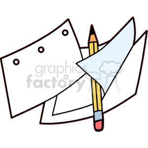 Clipart image of educational supplies including papers and a pencil.