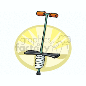 A cartoon-style illustration of a pogo stick with orange handles and coiled spring, set against a yellow circular background.