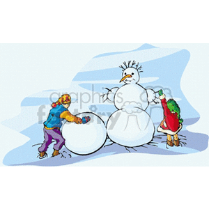 A festive winter scene of two children building a snowman outdoors.