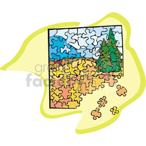 A clipart image of an incomplete jigsaw puzzle depicting a landscape with trees and a blue sky.