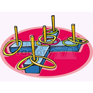 Clipart of a ring toss game with yellow rings on blue pegs over a red background.