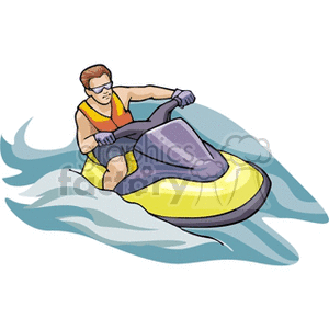 Clipart of a person riding a Seadoo watercraft on the waves.