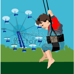 Clipart of a child on a swing with a Ferris wheel in the background at an amusement park.