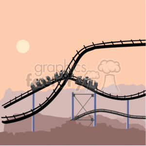   The clipart image depicts a roller coaster with several coaster cars filled with passengers. The roller coaster is shown with its tracks looping and curving dynamically. In the background, there is a subdued landscape silhouette, suggesting mountains or hills, and a setting or rising sun in a dusky sky. Parts of the roller coaster