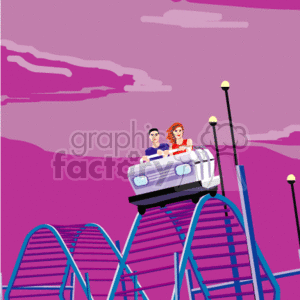 The image depicts a roller coaster with two riders, a man and a woman, who appear to be enjoying a ride in an amusement park. The coaster is shown on a series of blue tracks with loops, and there are lampposts visible that suggest it might be early evening or night. The background features a sky with pink and purple hues, possibly indicating a sunset.