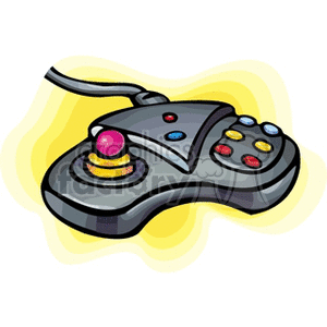 A clipart image of a retro game controller with a joystick, buttons, and a cord, set against a yellow wavy background.