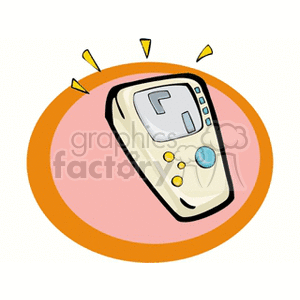 Clipart image of a handheld gaming device with buttons, placed inside an orange and pink circle with exclamation marks around it.