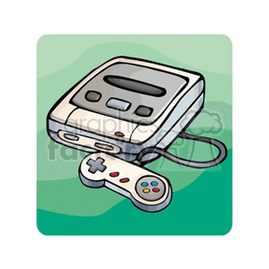 Clipart image of a vintage gaming console with a controller. The console is white and grey, and the controller has a directional pad and colorful buttons.