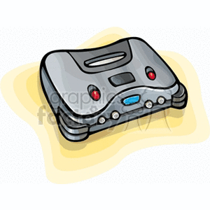 Clipart image of a retro video game console with a gray body, two red buttons, and a cartridge slot on top.