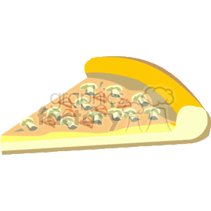 This clipart image depicts a single slice of pizza. The pizza slice contains toppings that appear to be mushrooms and possibly pepperoni or tomato pieces. The crust is thick and the cheese is melted over the toppings.