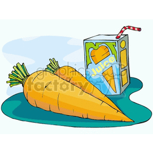 A clipart image of two large carrots lying on a surface next to a carton of carrot juice with a straw.