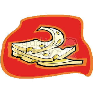 Clipart image of sliced cheese with holes on a red background.