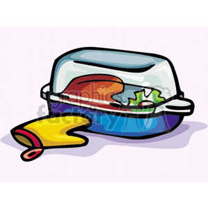 A clipart image of a covered baking dish containing meat and a side of vegetables, with an oven mitt beside it.