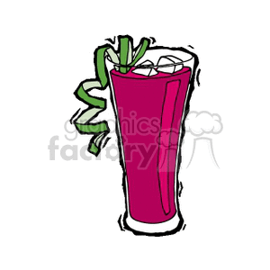 A clipart image of a tall glass of a pink drink with ice cubes and a green garnish.