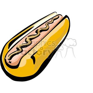 A colorful clipart image of a hot dog topped with mustard in a bun.