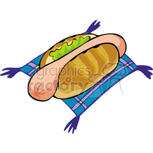 Clipart image of a hot dog with a sausage and lettuce, placed on a decorative cloth or napkin.