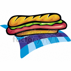 A colorful clipart image of a sandwich with lettuce and tomato on a checkered blue and white napkin.