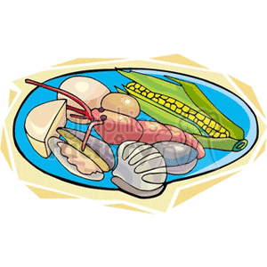 A clipart image of a seafood platter featuring a lobster, shells, and corn on a blue plate.