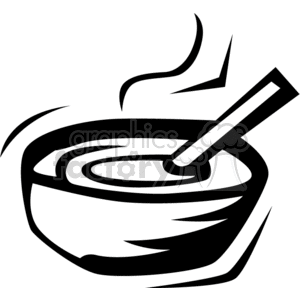 Black and white clipart image of a steaming soup bowl with a spoon.