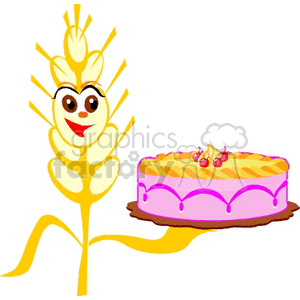 A whimsical clipart image featuring a smiling wheat stalk with a cartoon face next to a decorated cake topped with cherries and icing.